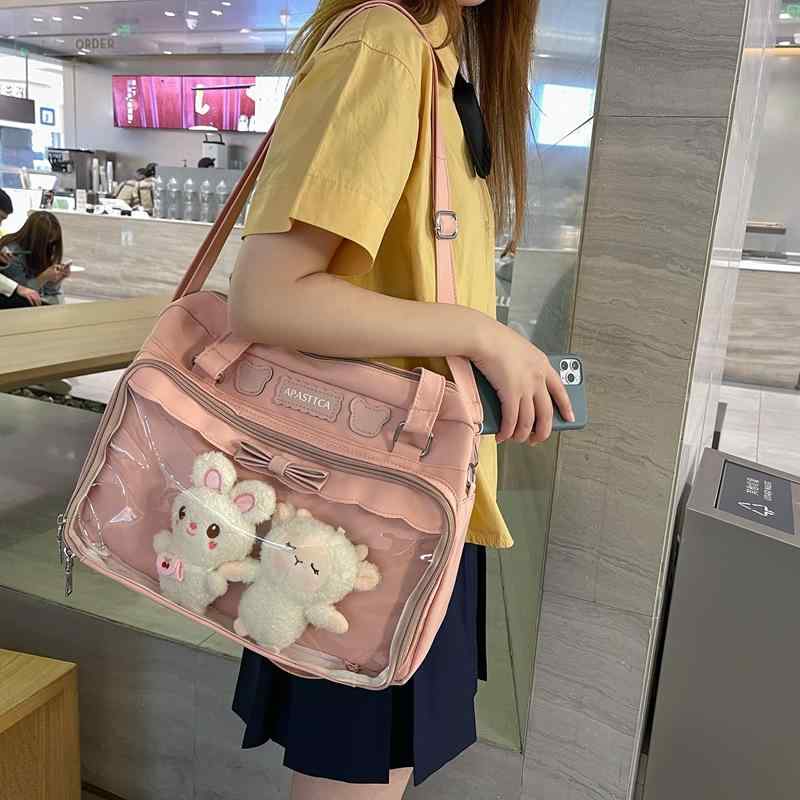 ショルダーバッグ レディース 痛バッグ スクールバッグ 斜めがけ 手提げ 肩掛け リボン かわいい 切り替え ナイロン 大容量 横型 ジッパー ファスナー 通学 通勤 日常 デイリー お出かけ 白 青 黒 ピンク 黒