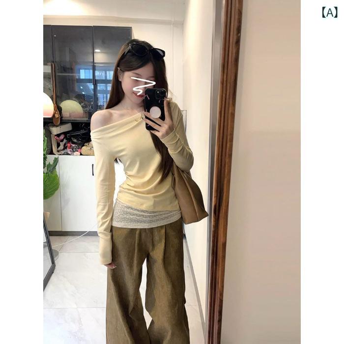乐天商城 - Tシャツ レディース 長袖 レース 切り替え 修身 黄色 斜め襟 公主袖 免烫 私服 御姐風 デザイン トップス 春季 百搭 スタイル かわいい 普段使い