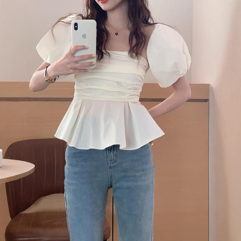 トップス レディース オフショルダー ブラウス ギャザー パフスリーブ ショート丈 へそ出し 韓国風 セクシー かわいい カジュアル エレガント
