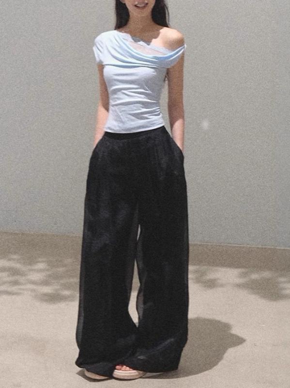 乐天商城 - Tシャツ 女性用 無袖 斜め襟 切り替え 天絲 レース 修身 春夏 緑 白 ベビーブルー グレー 黒 デイリー カジュアル トップス 韓国風 デザイン 快適 軽量 通気性 好感度 デコルテ 肩出し シンプル フェミニン 日常使い 外出 デニム 合わせ 人