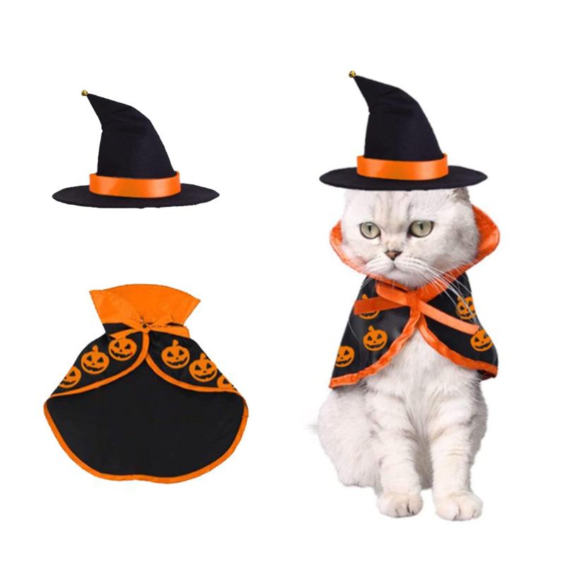 ハロウィン ペット服 コスチューム コスプレ 犬 猫用 ハロウィン 帽子 マント ペット 仮装 魔女帽子 かぶりもの ベル付き かぼちゃ ケープ 黒 悪魔 変身服 クリスマス 写真撮影 2個セット