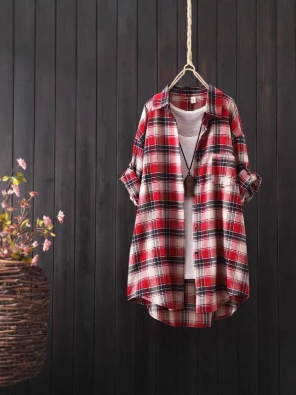 レディース シャツ トップス 格子柄 綿麻素材 長袖 中長丈 ゆったりシルエット シャツカラー 秋冬 赤 姜黄 ネイビー グリーン ボタン 挿し肩袖 磨毛加工 単排ボタン 休闲風 文艺復古 快適 日常使い 通勤 秋 コーデ