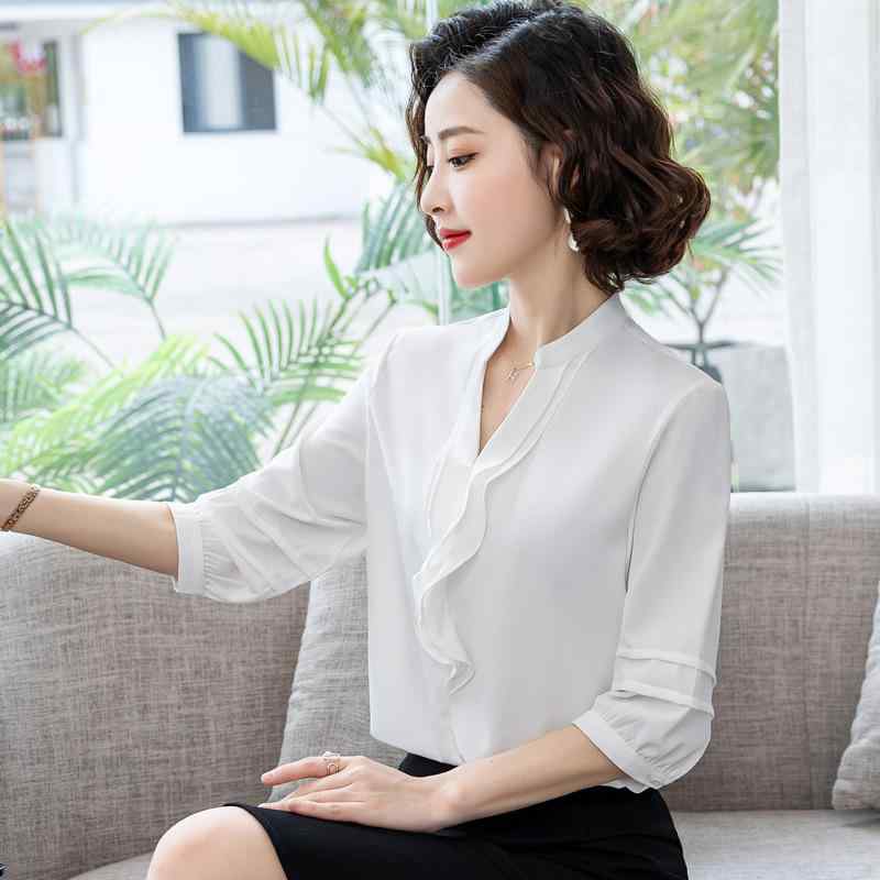 Other - シャツ レディース 七分袖 シフォン トップス 女性用 ポリエステル アセテート繊維 ストレッチ ソリッドカラー プルオーバー フィット ミドル丈 フリル Vネック 普通袖 かわいい 甘め 爽やか 白色 ブルー 夏 春夏 軽量 通勤 普段使い デート