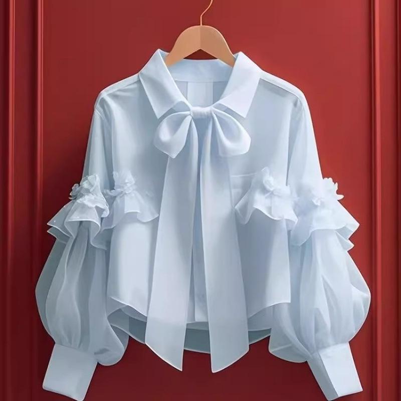Rakuten - レディース トップス シャツ Vネック 長袖 フリル 蝶ネクタイ 雪纺 ポリエステル 緑 紫 米白 ライトブルー 気質 通勤 都市風 秋季