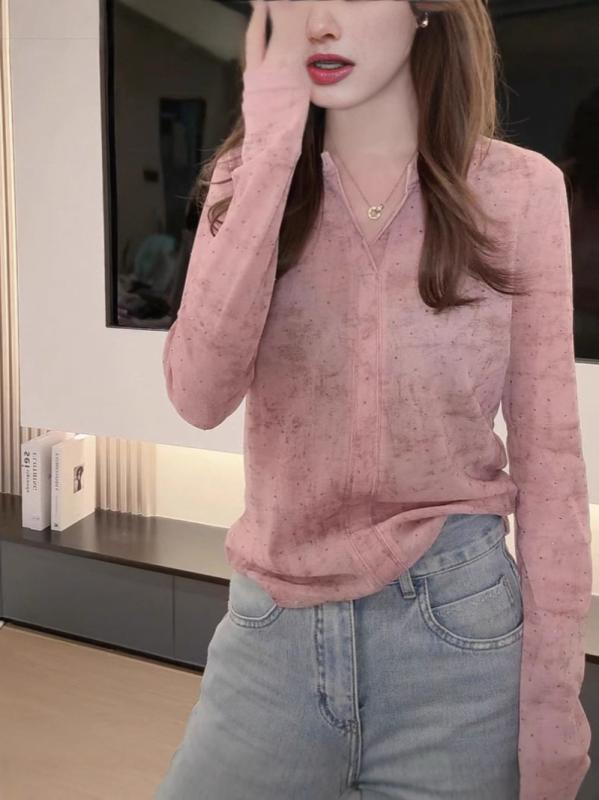 Rakuten - レディース シャツ トップス ピンク Vネック 長袖 ワイドシルエット グラデーション プリント ラインストーン 付け ゆったり スリム 見せ 防晒 UVカット 涼しい ポリエステル ポリエステル 繊維 幾何学 柄 日系 韓国 スタイル カジュアル 快適
