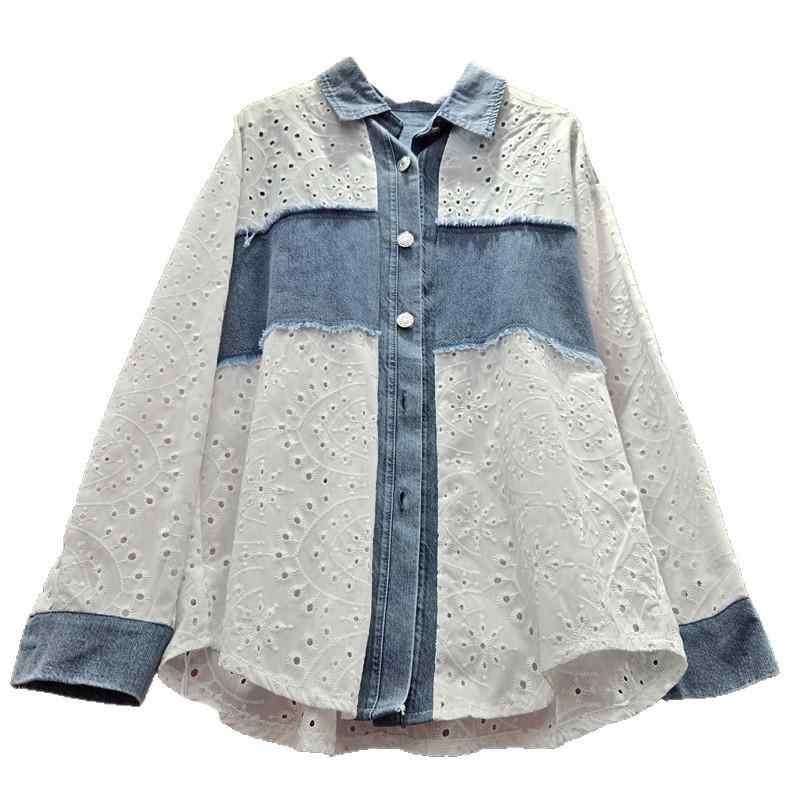 Other - レディース シャツ トップス 牛仔布 デニム 切り替え 刺繍 刺繍 刺繍 レースアップ デザイン 長袖 ポロカラー ボタン 開襟 ワイド ルーズ フィット 百搭 欧米風 ストリート ファッション 個性 スタイル 夏 春夏 2025 シーズン 白色 粉色