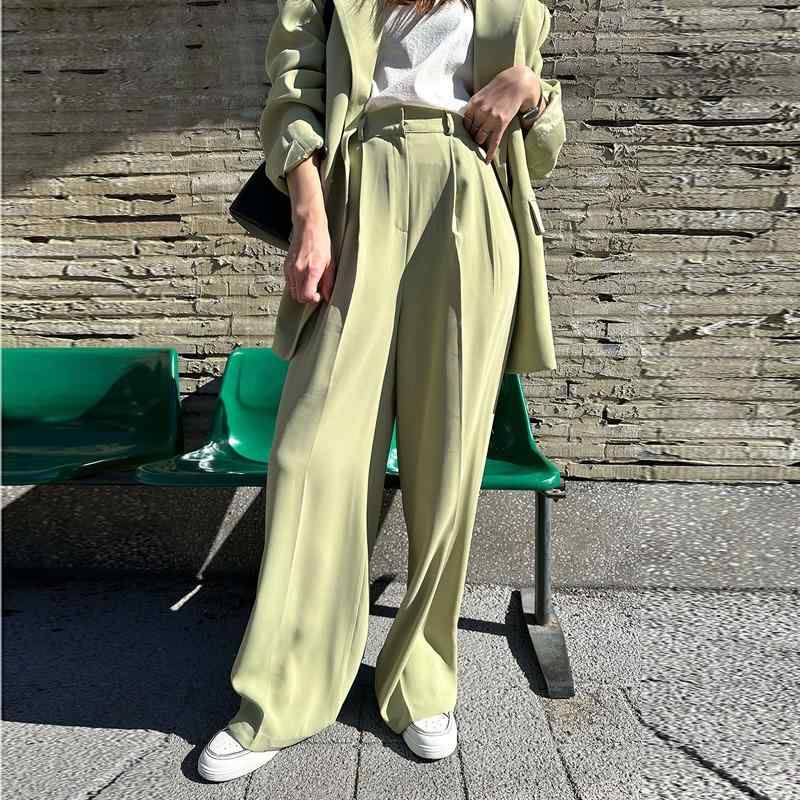 Other - レディース 西装パンツ ロング丈 高腰 ワイドレッグ 韓国風 夏用 軽やか ドレープ スリム効果 後ろゴム 薄手 ネット生地 浅緑 黒 清新 甘め スタイル 成人女性 普段使い 通勤 軽量 伸縮性 ハイウエスト ビッグシルエット 春夏