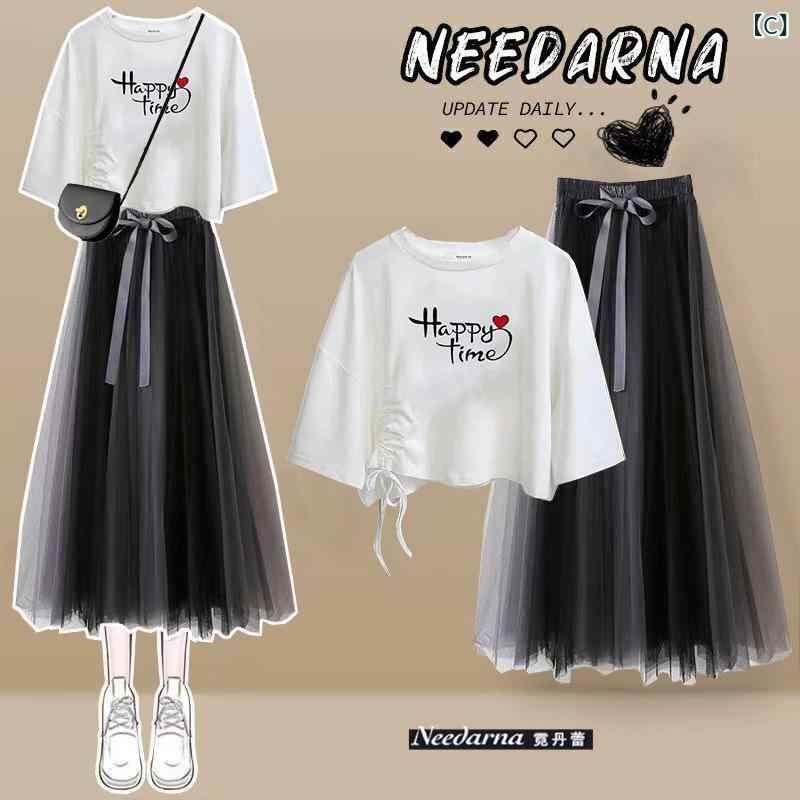 レディース トップス スカート セット 春夏 韓国風 ワイド デザイン ドローストリング プリント Tシャツ チュールスカート 2点セット 花柄 かわいい 花弁袖 九分袖 OL 通勤 涤纶 ポリエステル 繊維 軽量 通気性 ミドル丈 黒 緑 ピンク ブル 3