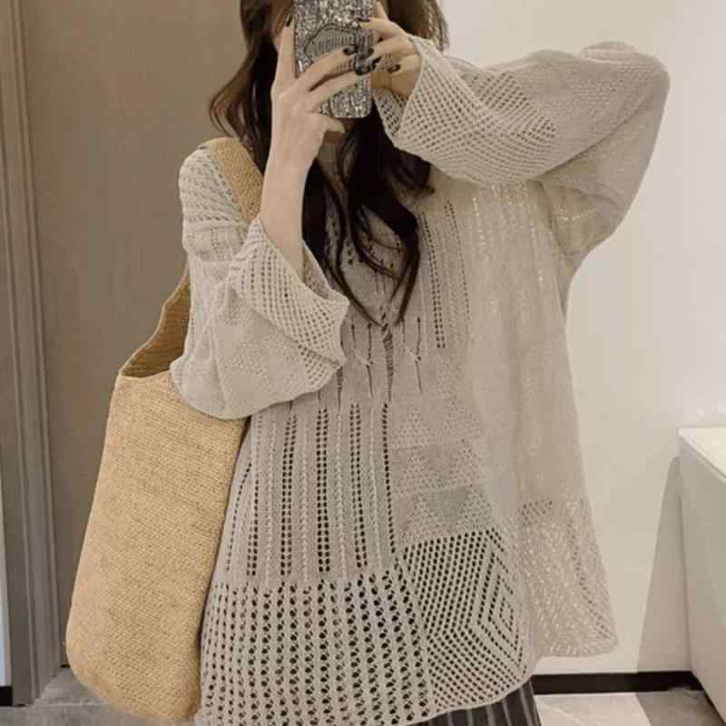Other - ニット トップス 長袖 茶 薄手 ゆったり デザイン セットアップ 春 防晒 レース シャツ 針織 罩衫 ルーズフィット 丸首 シンプル ポリエステル 繊維 単品 日常使い カジュアル 気質 優雅 日韓 スタイル