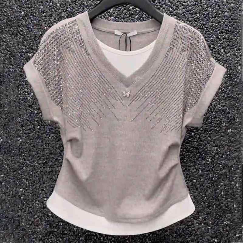 Other - Tシャツ 女性用 短袖 トップス Vネック 修身 切り替え デザイン ストーン刺繍 綿 90% 氨纶 混紡 純色 グレー 黒 日常 着用 快適 素材 柔らか 伸縮 性 日韓 スタイル 夏 コーデ ラフ ファッション 軽やか 着こなし