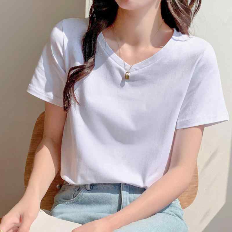 Three-Quarter - Tシャツ レディース 短袖 Vネック 綿 スパンデックス 混紡 生地 純色 ストレート シルエット ゆったり 薄手 通勤 スタイル 気質 快適 休闲 白色 黒 グレー インナー インナートップス 打底衫 ベースレイヤー トップス 夏 春夏 季節