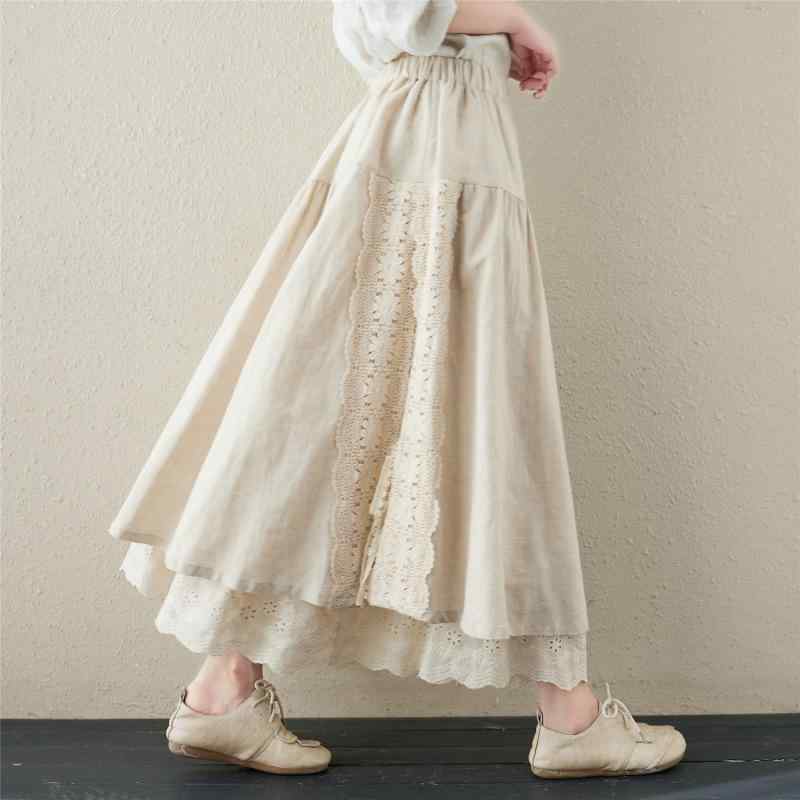 Skirts - レディース スカート 麻素材 半身 系帯 刺繍 A字 中長 甘め 森ガール 復古 微弾力 切り替え 麻本色 卡其 コーヒー 秋季 秋 普段使い 通勤 軽やか ゆったり シルエット ボヘミアン ナチュラル スタイリッシュ フレア フレアスカート ミドル丈