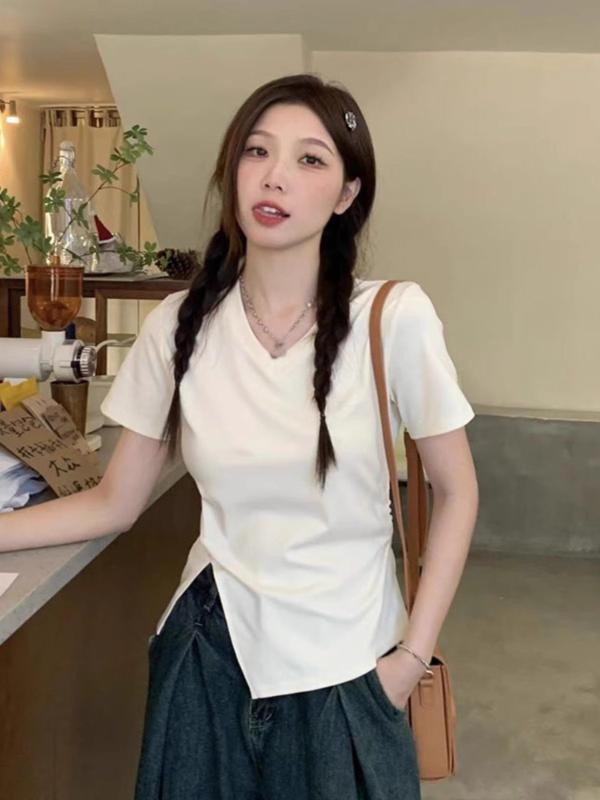 乐天商城 - Tシャツ 女性用 春夏 ぽっちゃり 大きいサイズ 不規則 開き 短袖 Vネック トップス 純色 綿 スパンデックス 混紡 免燙 気質 通勤 優雅 スタイル 白 黒 グレー イエロー