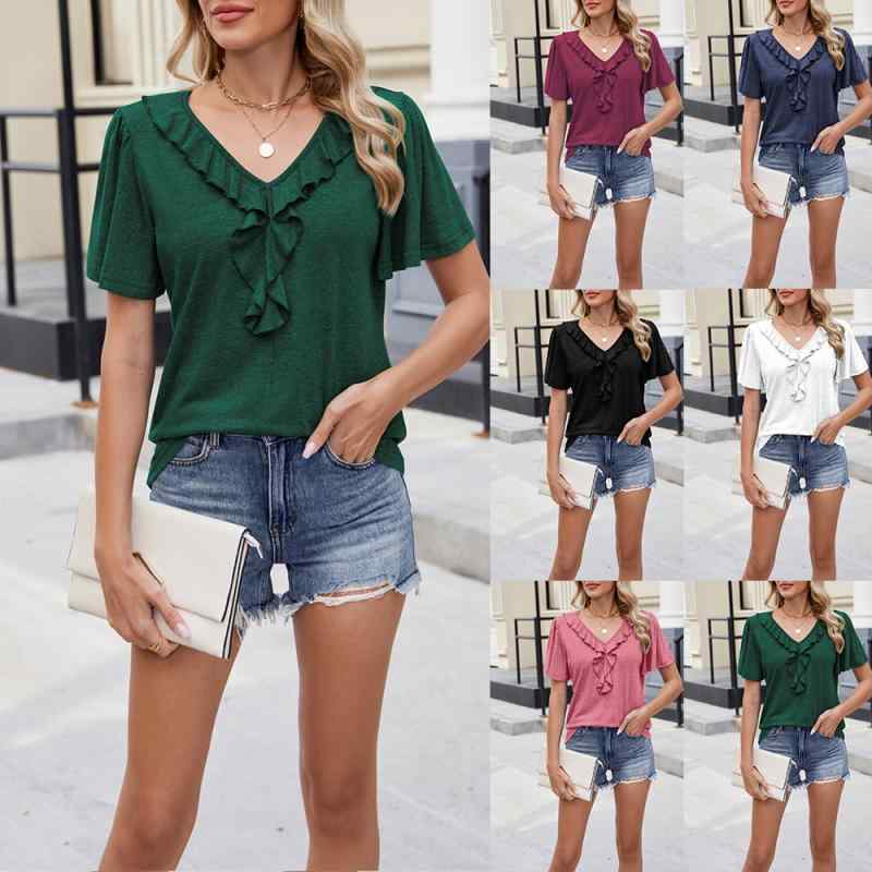 レディース Tシャツ 春夏 短袖 トップス ピンク 紫 緑 Vネック 荷叶边 フリル 切り替え デザイン 気質 通勤 スタイル 快適 休闲 涼しい 彩棉 素材 ポリエステル スパンデックス 混合 純色 ゆったり ルーズ フィット 普通 丈 50cm 65