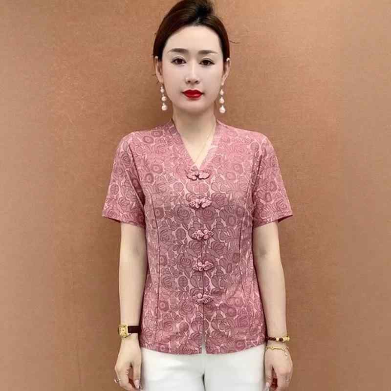 Rakuten - 中老年 レディース Tシャツ 短袖 Vネック 盤ボタン 復古 トップス 植物花卉 印花 接触冷感 涤纶 修身型 柔軟 普通丈 気質 古典風 藕色 鉄錆色 ライトグリーン 日常 旅行 集会