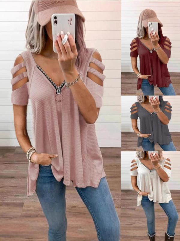 Three-Quarter - Tシャツ レディース Vネック ラグラン袖 短袖 ワッフル柄 切り替え ジッパー プルオーバー ゆったりシルエット ミドル丈 無地 グレー ピンク ホワイト セクシー 肩出し ルーズフィット ストリート カジュアル 夏 トップス コットン風 ポリエステル