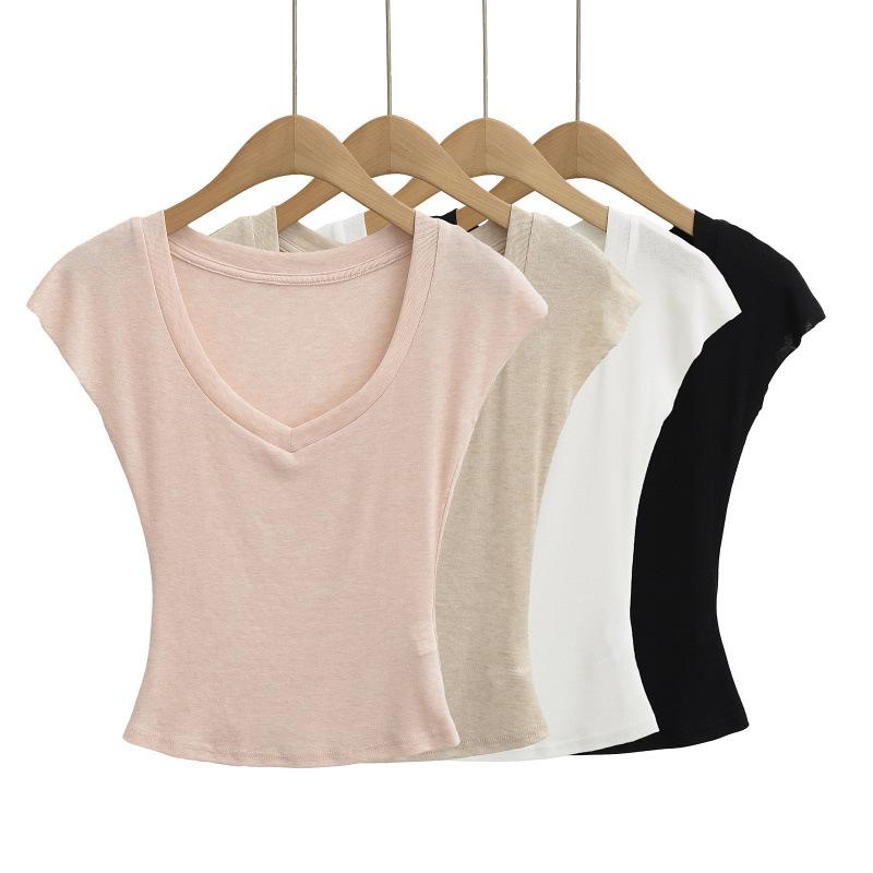 乐天商城 - Tシャツ 女性用 夏 Vネック ショルダー インナー トップス 修身 気質 スリム 切り替え 短袖 セットインスリーブ 街頭 潮人 セクシー 辣妹 欧米風 黒 米白 淡ピンク ベージュ 単色 ポリウレタン 伸縮性 ソフト 吸い付き 軽やか 通勤 普段使い