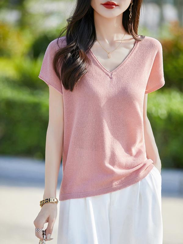 樂天商城 - レディース Vネック 短袖 Tシャツ 通勤 薄手 レイヨン 麻 巻き縁 ニット トップス ピンク 米色 グレー 緑 ブルー シンプル ゆったり かわいい 日韓 カジュアル スタイル 快適 軽量 吸湿速乾 春夏