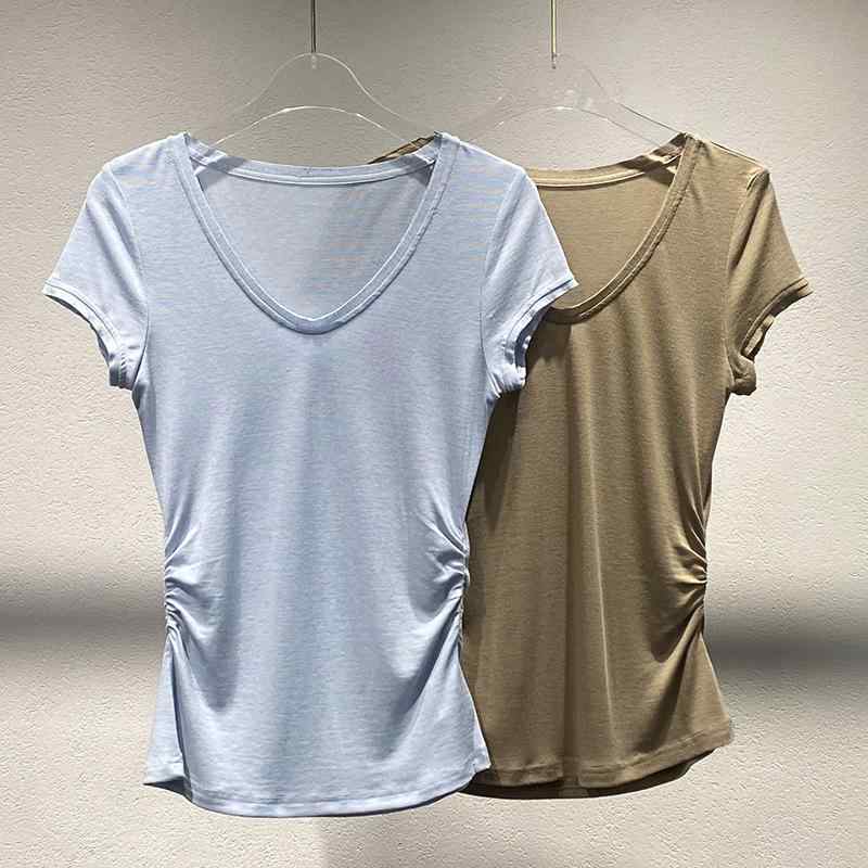 Tシャツ レディース 春季 Vネック 正肩 修身 短袖 抽褶 収腰 休闲 上衣 純色 羊毛混紡 羊毛80-90% セットアップ 袖 短袖 褶皱 気質 通勤風 幅広 普通丈 ブルー 卡其 気質 通勤 普段使い 軽量 伸縮性 通勤 オフィス カジュアル 女性