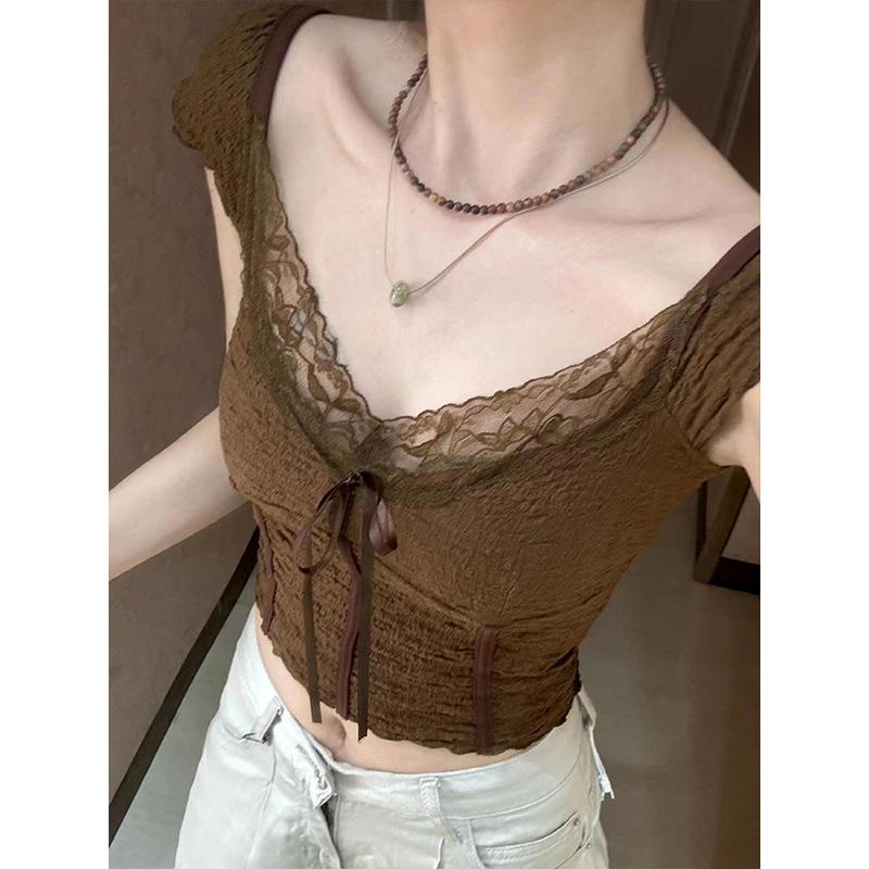 Rakuten - Tシャツ 女性用 春夏 レース 切り替え Vネック ショルダー 短袖 スリムフィット ウエストイン スリム効果 セクシー 短め ドローストリング トップス ブラウン ストレッチ 私服 洗練スタイル 御姐風 コットン混 軽量 通勤 普段使い