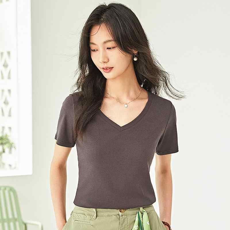 Rakuten - レディース Tシャツ 短袖 Vネック 修身 インナー トップス 外出着 打底 純色 再生繊維 スパンデックス セットアップ ヘッドイン ショート丈 40-50cm スタンダードスリーブ クリーンエッジ フィットシルエット かわいい 甘め 清新 春 黒 茶