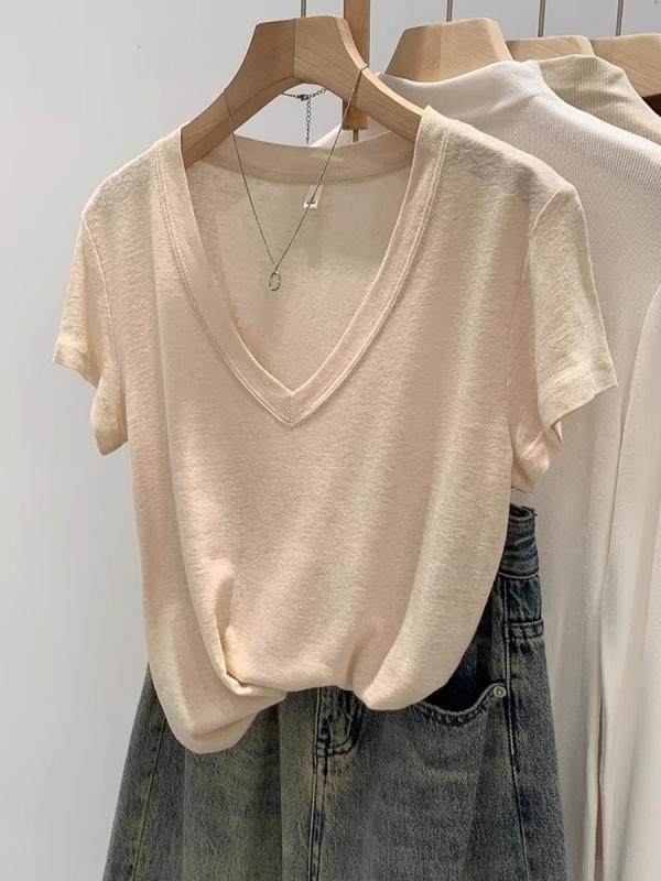 Garments - Tシャツ レディース 麻 切り替え 短袖 Vネック ゆったり ストレート ミドル丈 純色 通勤 気質 快適 休闲 白 杏 黒 夏季