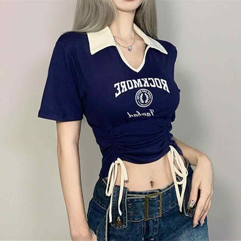 T-Shirts - Tシャツ レディース 短袖 ポロカラー ドローストリング ウエスト切り替え プリント 短丈 Vネック 修身 ジャズ風 ダンスウェア 通勤 通勤風 気質 セクシー 夏 ブルー 綿混 250g スムース素材 セットアップ風 トップス かわいい スタイル