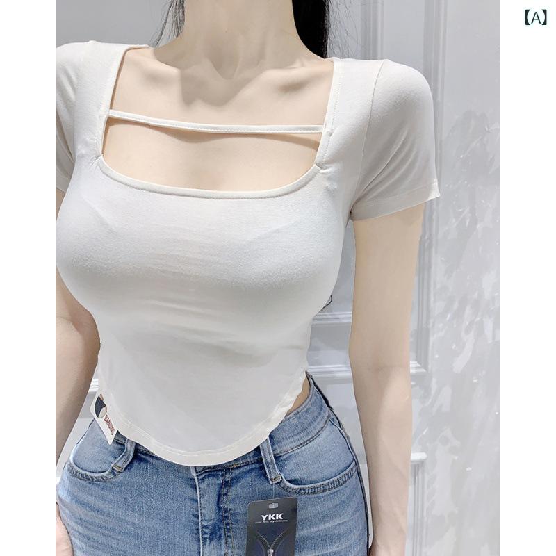乐天商城 - Tシャツ レディース 長袖 春夏 薄手 スクエアネック デザイン 鎖骨見せ 修身 インナー トップス 通勤 気質 モダール 繊維 純色 セットアップ 短袖 修身型 短丈 40cm 50cm 白色 黒 ピンク 米色 均一サイズ