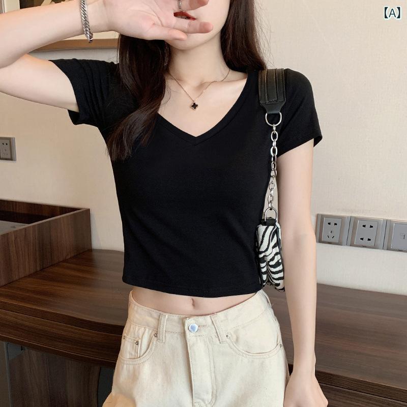 Rakuten - レディース Tシャツ 短袖 クロップド トップス 丸首 ハイウエスト クロップド ブラック ホワイト 綿素材 純色 マイクロフレア 超短丈 ゆったり 春夏 私服 気質 優雅 御姐風 日常使い カジュアル