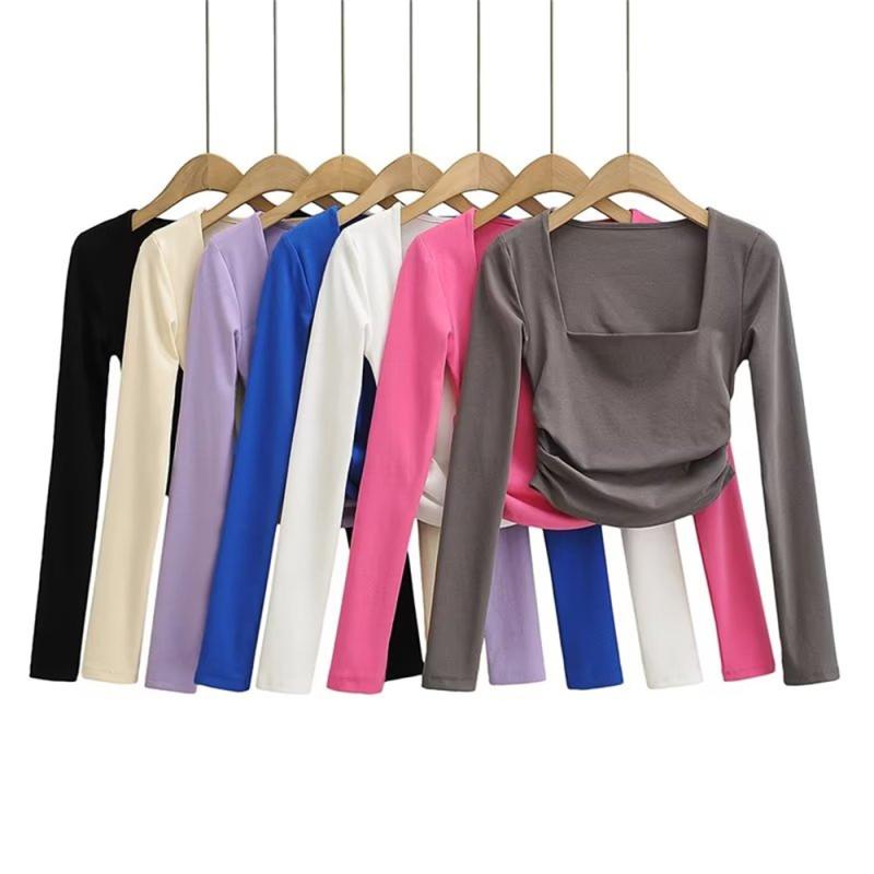 Shirts, T-Shirts - Tシャツ レディース 長袖 方領 鎖骨見せ ウエストイン フレア 修身 インナー トップス 黒 白 ブルー 杏 ピンク パープル グレー ポリエステル 街頭スタイル 夏 かわいい 軽量 通勤 普段使い