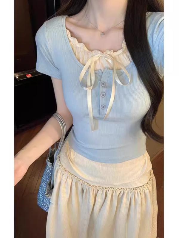Rakuten - Tシャツ レディース 短袖 偽ツーピース 肩出し 修身 短丈 方領 街頭風 快適 休闲 ブラック ピンク ライトブルー ポリエステル 春季 百搭 トップス インナー プルオーバー コットン風 軽量 伸縮性 ビッグシルエット デイリー 外出 カジュアル レ