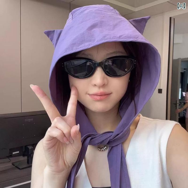 防晒帽子 かわいい 猫耳 フィッシャーマン 速乾 女性用 旅行 バカンス 紫 黒 ピン...