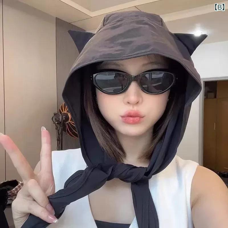 防晒帽子 かわいい 猫耳 フィッシャーマン 速乾 女性用 旅行 バカンス 紫 黒 ピン...