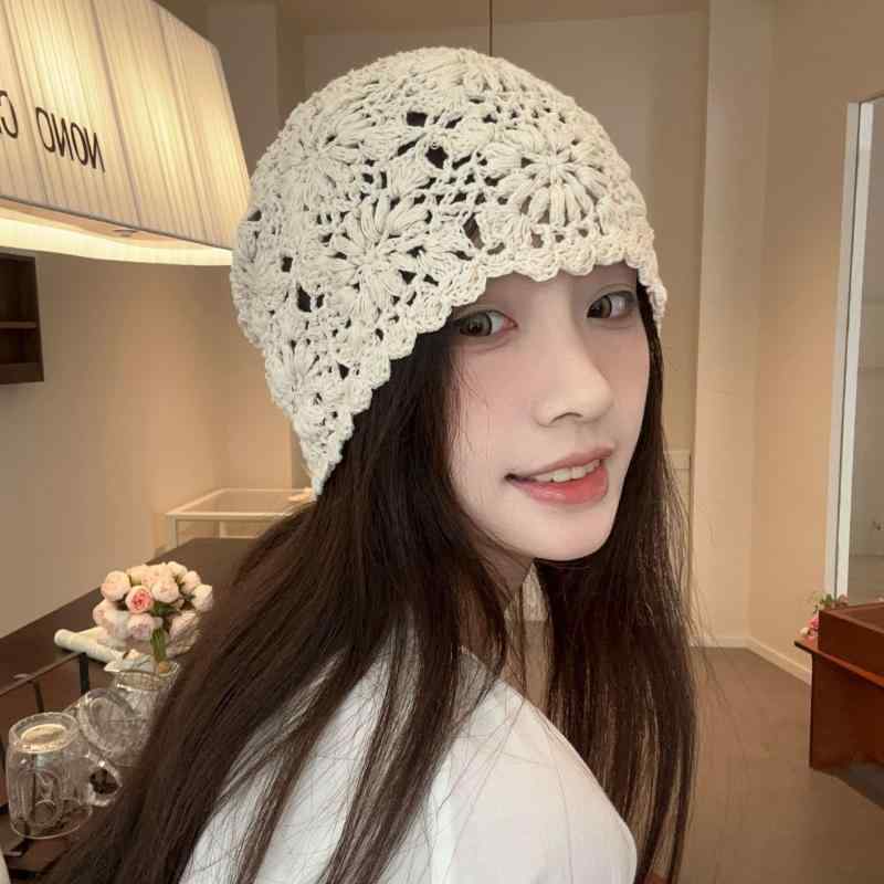 Cap - 帽子 女性用 春夏 薄手 透気 綿 手工 レース 編み込み 包頭帽 米色 黒 茶 グレー 丸頂 無檐 民族風 異国情調 芸術 復古 スタイル 通気性 軽量 夏 春 秋 普段使い カジュアル かわいい デザイン