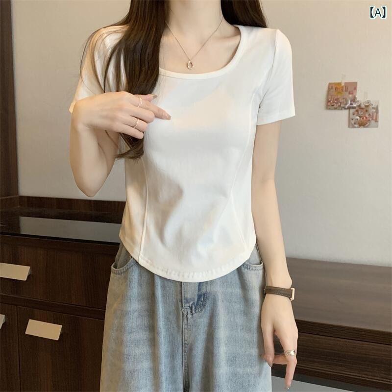 樂天商城 - Tシャツ 女性 夏 大きめサイズ デザイン性 不規則裾 弧形 短袖 胖女子 MM 体型カバー スリム 上着 通勤 気質 綿素材 純色 セットネック 立体裁剪 修身 普通丈 方領 通常袖 立体装飾 白色 黒 ピンク グレー 90-95% 綿