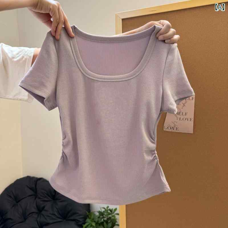 Tシャツ レディース 短袖 方領 修身 短款 褶皱 収腰 半袖 上衣 綿 スパンデックス 純色 セットインスリーブ 切り替え 気質 通勤 夏 紫 白色 黒 ミルクイエロー かわいい インナー 普段使い 軽量 伸縮性 ブラウス トップス インナーウェア