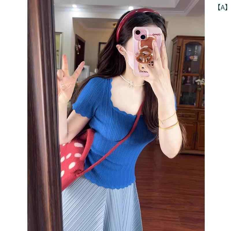 Tシャツ 女性用 短袖 方領 クライン青 波状フリル ニット 修身 スリム 夏 通勤 気質 セットアップ風 氨纶 スパンデックス 70% 普通丈 5..
