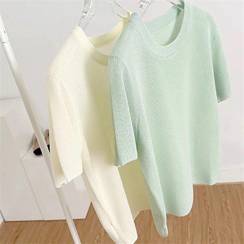 Long-Sleeved Knit - ニット トップス レディース 春夏 薄手 接触冷感 針織 セット 薄荷緑 ミントグリーン 浅緑 米白 イエロー ピーチ ブラック 純色 丸首 半袖 ゆったり 気質 通勤 普段使い 柔らかい 伸縮性 軽量 女性用 上衣