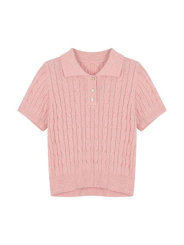 Long-Sleeved Knit - ニット トップス レディース POLO領 短袖 綿 素材 接触冷感 春夏 ピンク ホワイト ブルー 韓国風 日常使い 軽量 伸縮性 普通丈 セットアップなし