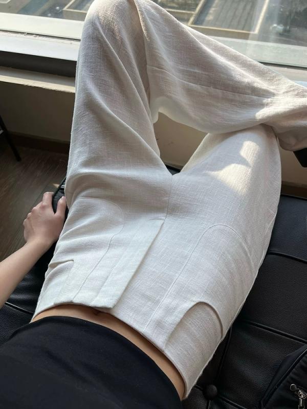 樂天商城 - レディース ワイドパンツ 白 綿麻 高腰 夏 薄手 直筒 垂感 微弾性 マイクロリネン 麻 混紡 軽量 ゆったり シルエット ロング丈 休闲 スタイル 通勤 普段使い 韓国風 日系