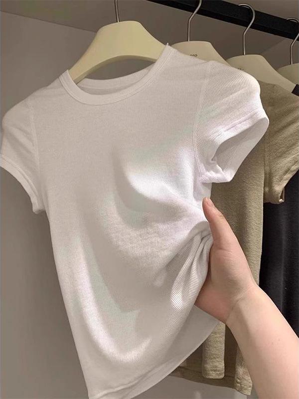 樂天商城 - Tシャツ レディース 短袖 丸首 白色 黒 コーヒー色 春季 純色 切り替え 修身 スリムフィット 小飛袖 かわいい スパイシー トップス 日常使い 日韓スタイル 軽量 綿混 伸縮性
