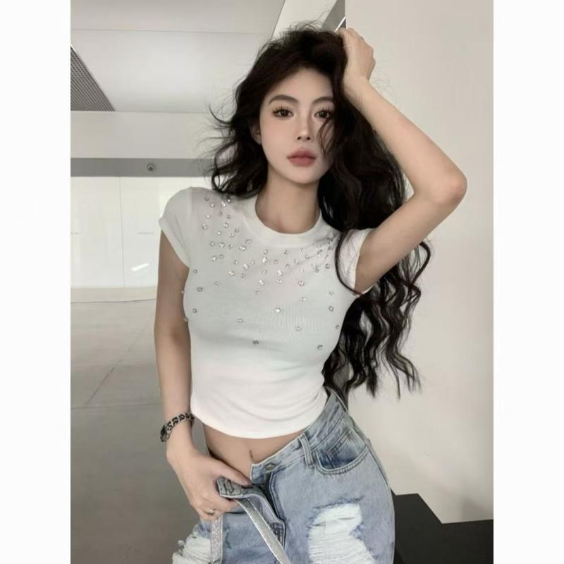 Tシャツ 女性用 春 短袖 丸首 修身 デザイン ホワイト ブラック クロップド 露脐 セクシー ギャル風 シンプル カジュアル ポリエステル フィット スリム プリンセススリーブ イノセント プリンセス スタイル