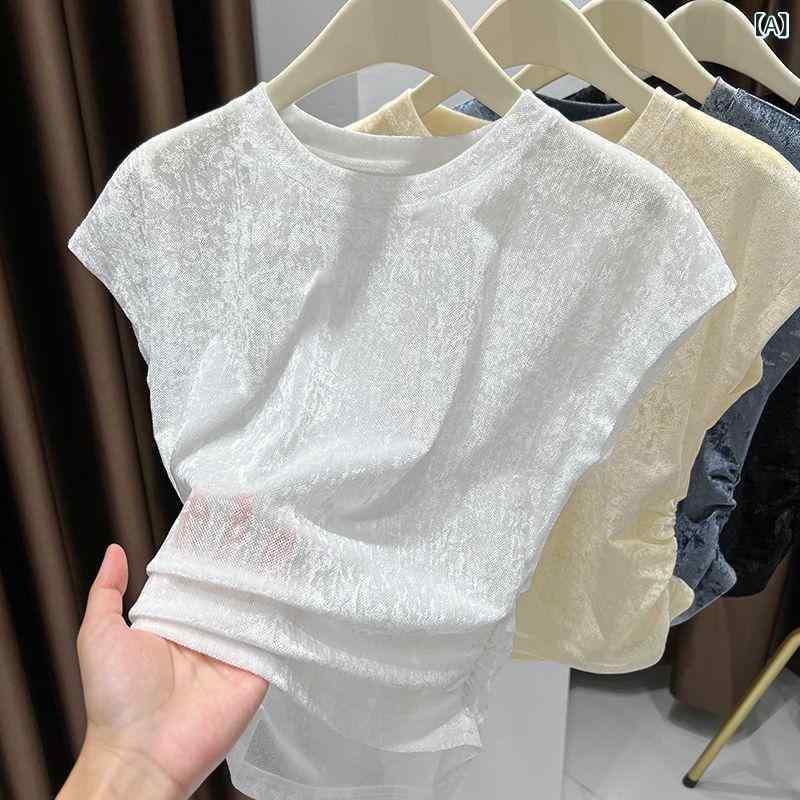 乐天商城 - Tシャツ レディース 短袖 メッシュ 夏 接触冷感 プルオーバー 丸首 直筒 スリム 気質 通勤 快適 休闲 白 黒 杏 灰青 ポリエステル 速乾 吸湿 純色 普通丈 軽量 伸縮 トップス インナー 打底 ファッション スタイル