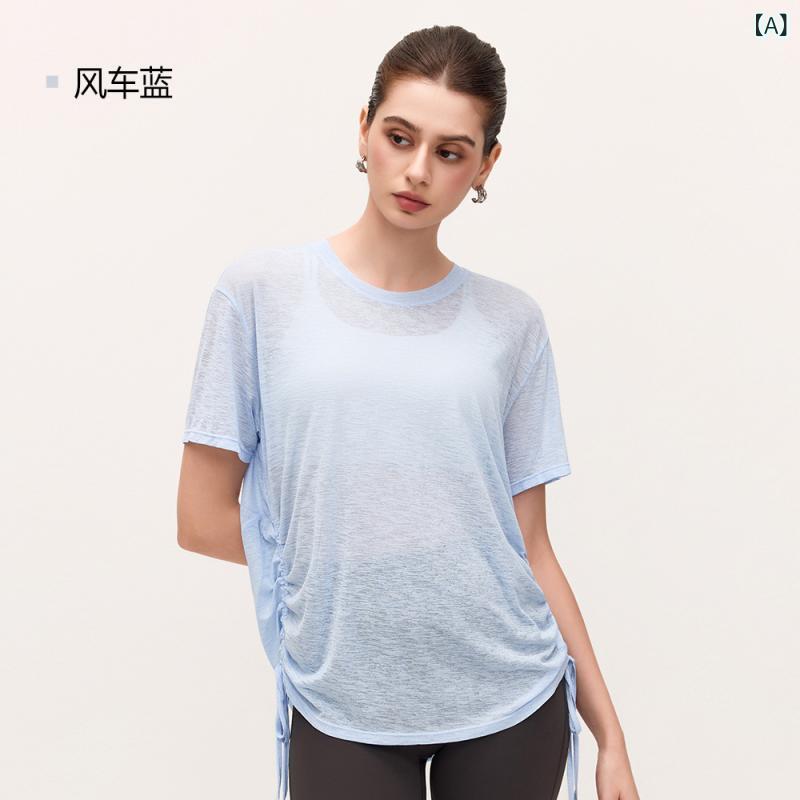レディース トップス ヨガ服 ワイド 夏 薄手 速乾 透気性 短袖 セットインスリーブ 腰紐 ランニング フィットネス ストレッチ ポリエステル 紡績 風車ブルー ビタピンク 紫グレー ホワイト ブラック ワインディングブルー 春夏 秋 ストリップ柄 ル