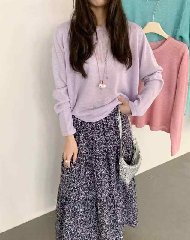 ニット トップス レディース 春夏 薄手 麻 接触冷感 長袖 丸首 ゆったり セットアップ 薄荷緑 湖ブルー 夏日イエロー 白 日常使い カジュアル レイヤード
