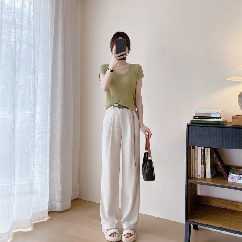 乐天商城 - レディース ワイドパンツ 高腰 ストレートパンツ クロップドパンツ 麻本色 卡其 微弾性 涤纶 氨纶 気質 通勤 休闲 女性用 夏 長丈 垂感 显瘦 基本款 中厚 通勤風