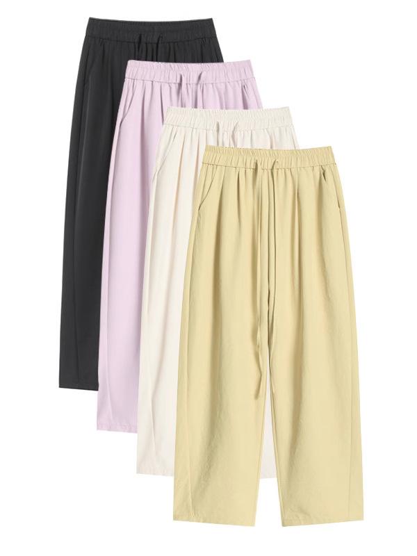 Long Pants - レディース ワイドパンツ 九分丈 夏用 薄手 麻混 綿混 切り替え 高腰 抽绳 微弾性 再生繊維 黒 ミルク杏 浅黄 紫 日韓カジュアル 軽量 伸縮性 通勤 普段使い 部屋着