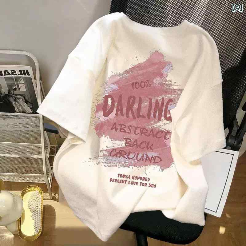 Rakuten - Tシャツ レディース 短袖 デザイン ニッチ ゆったり 夏 港風 シック 美式 ヴィンテージ風 白色 上衣 インズ風 ミルクシルク 涤纶 ポリエステル 95% 以上 字母 数字 文字 パターン セットイン プルオーバー プリント 加工 ルーズフィット 中