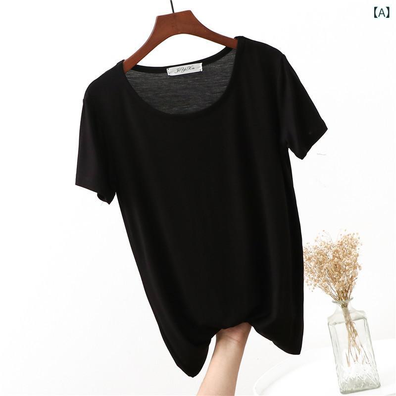 Garments - Tシャツ レディース 短袖 モダール 100% 丸首 ワイド ルーズ シンプル ベースレイヤー トップス 日常使い 百搭 黒 ピンク カーキ 純色 都市カジュアル 接触冷感 吸湿速乾 軽量 伸縮性 春夏