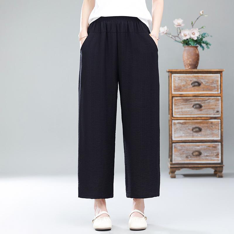 Long Pants - レディース ワイドパンツ 夏用 九分丈 涤纶混紡 薄手 微弾力 松緊腰 直筒 ワイドレッグ ロング丈 ゆったり ポケット付き 黒 米白 ライトグリーン 日韓スタイル カジュアル 軽量 普段使い 通勤用 アウトドア 再生繊維 麻風 綿風 ミドルエイジ ママ